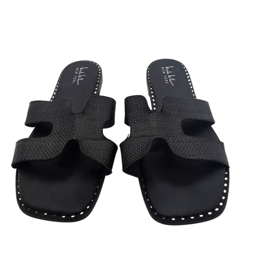 Nicole Miller NY H-Strap Slide Womens Sandals Black Woven Stud Trim Flats 9.5